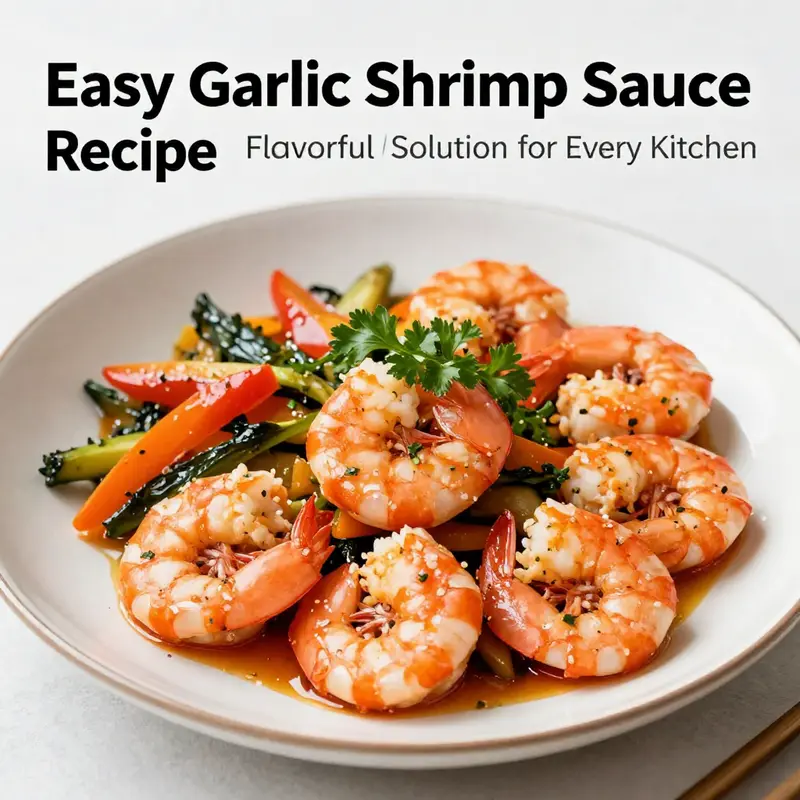 A finished plate of garlic shrimp with sautéed vegetables, illustrating the final dish made from the easy shrimp sauce recipe.