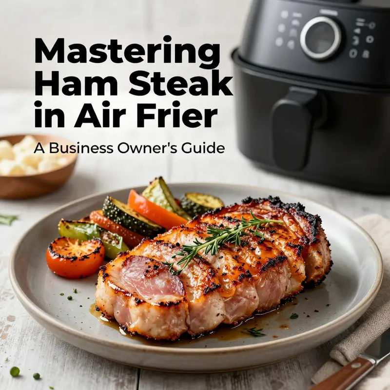 A deliciously presented air-fried ham steak with vegetables, ready to be served.