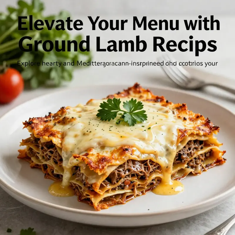 A beautifully layered lamb lasagna on a plate, surrounded by fresh herbs, illustrating the richness of ground lamb dishes.