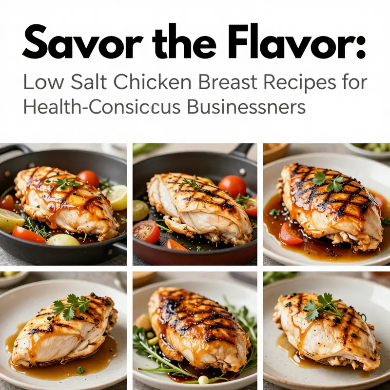 Collage of low salt chicken breast dishes including baked, grilled, and steamed options.