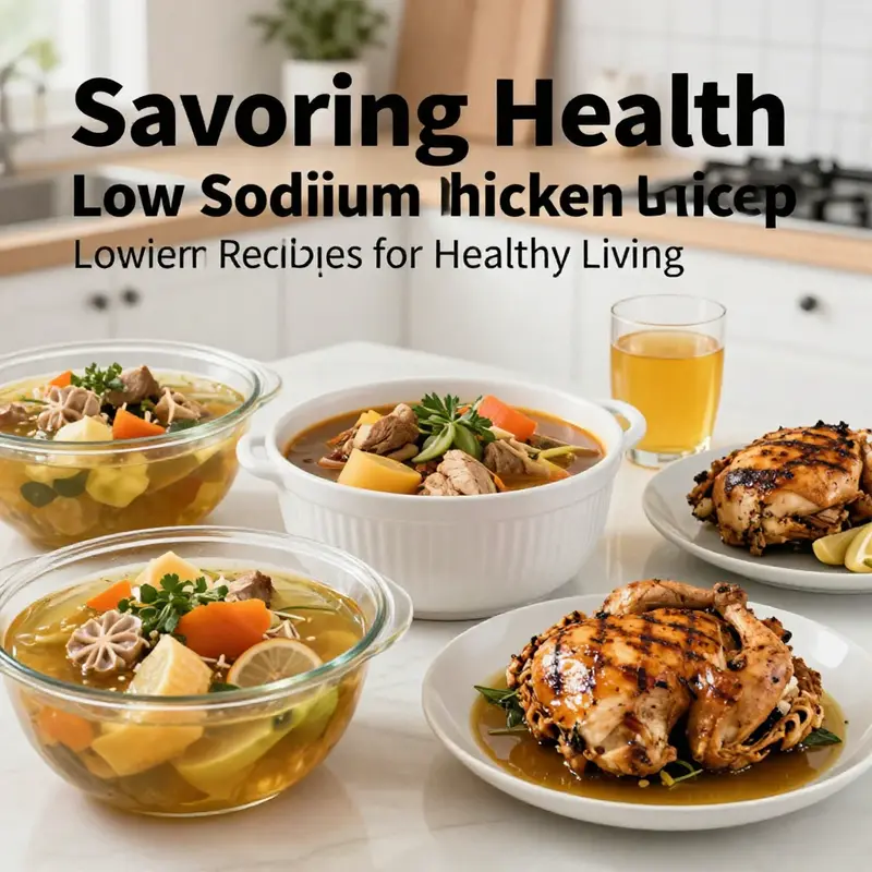 A colorful spread of low sodium chicken recipes, including broth, stews, and grilled chicken.