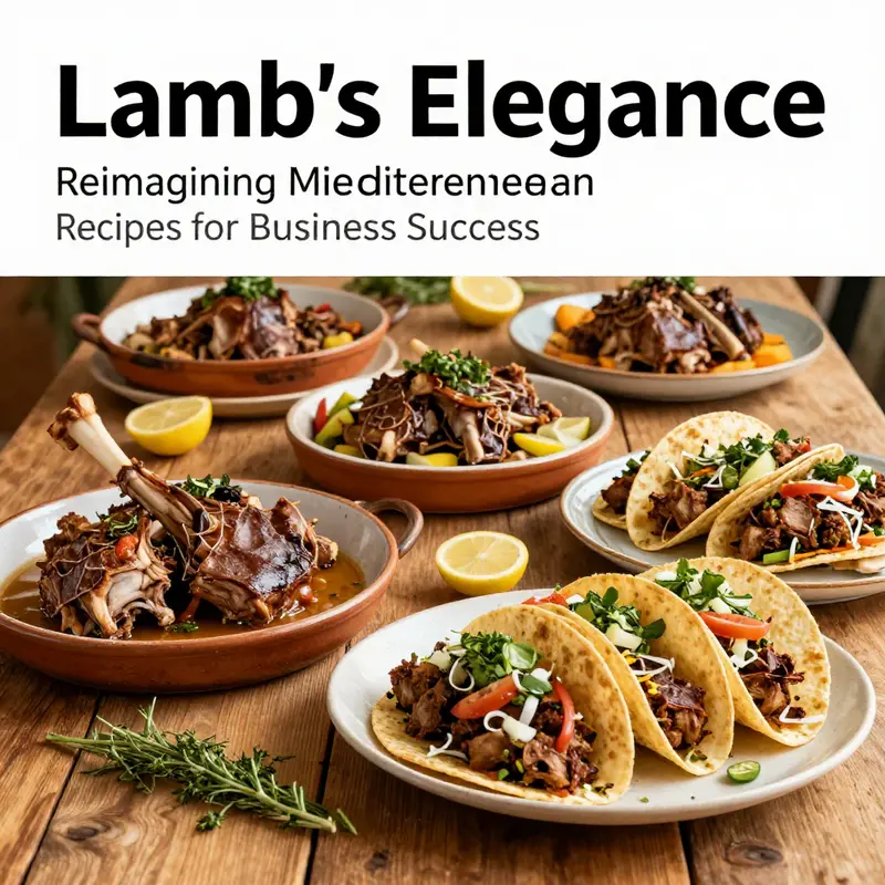 A rustic table spread with various Mediterranean lamb dishes, fresh herbs, and vibrant garnishes for a feast.