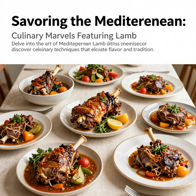 An inviting Mediterranean dining table showcasing an array of lamb dishes, decorated with fresh herbs and vibrant vegetables.