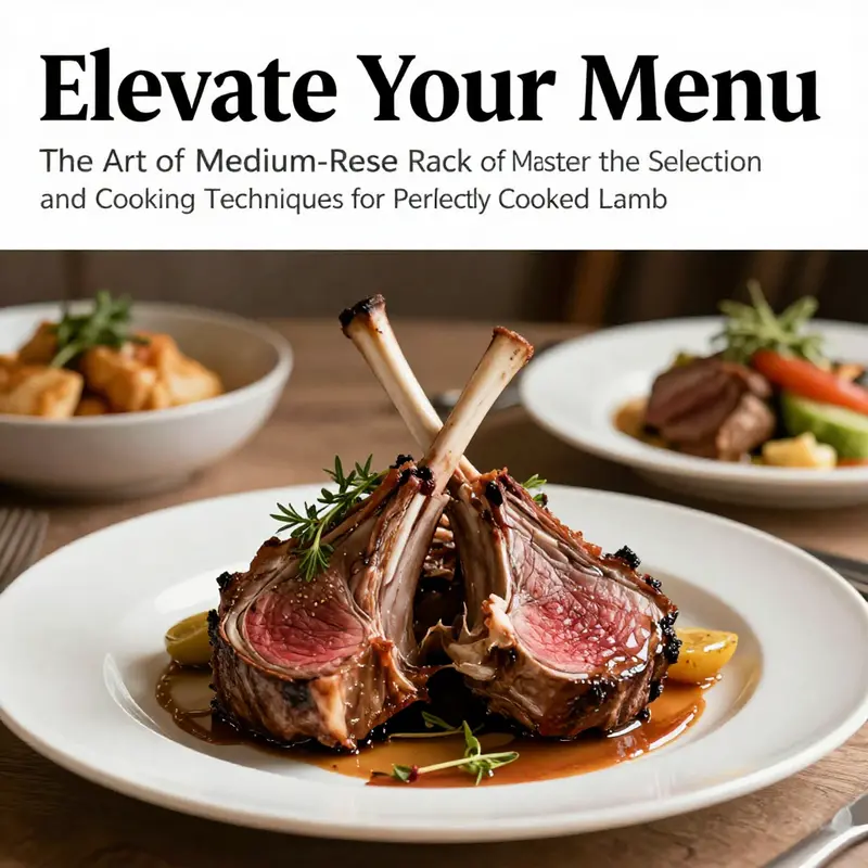 A beautifully plated medium-rare rack of lamb on a dining table, adorned with herbs and gourmet sides, depicting an upscale dining atmosphere.
