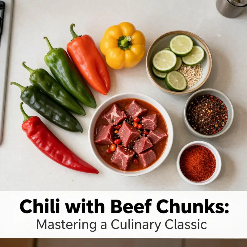 A bowl of rich, aromatic chili made with beef chunks, showcasing the skill and care in its preparation.