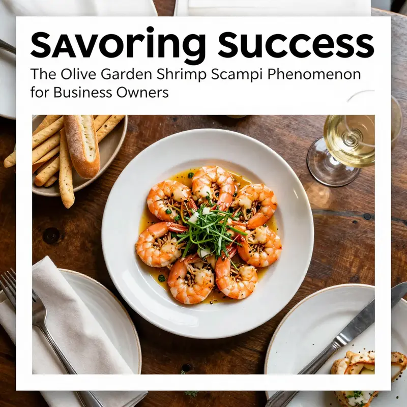 A beautifully set dining table highlighting Olive Garden's Shrimp Scampi alongside fresh herbs and wine, creating an inviting atmosphere.