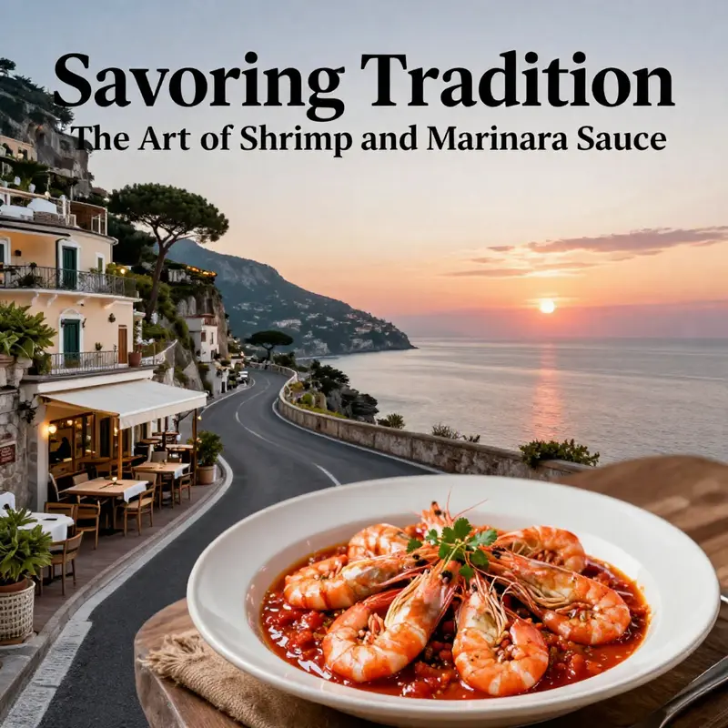 A scenic shot of a coastal restaurant in Italy with a stunning sunset, inviting guests to enjoy shrimp and marinara.