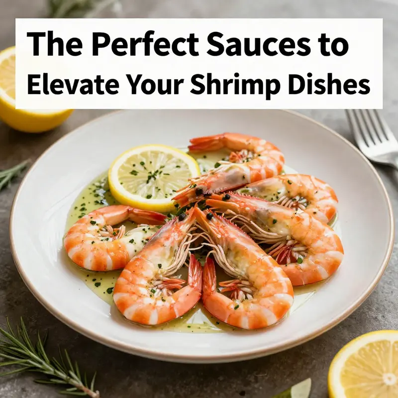 Plated shrimp with garlic butter and lemon-herb sauces, garnished with fresh herbs and lemon wedges.