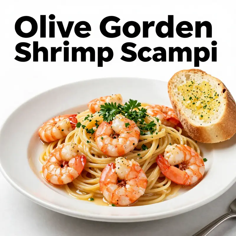 A colorful plate of shrimp scampi with pasta, shrimp, garlic sauce, and parsley, accompanied by garlic bread.