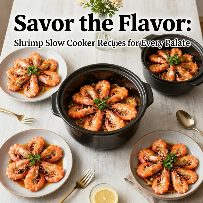 A table set with several shrimp slow cooker dishes, highlighting their colorful presentation and garnishes.