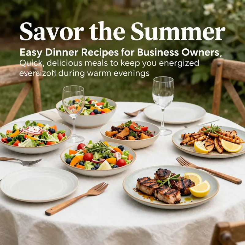 An outdoor summer dinner table showcasing a variety of light and refreshing meals.