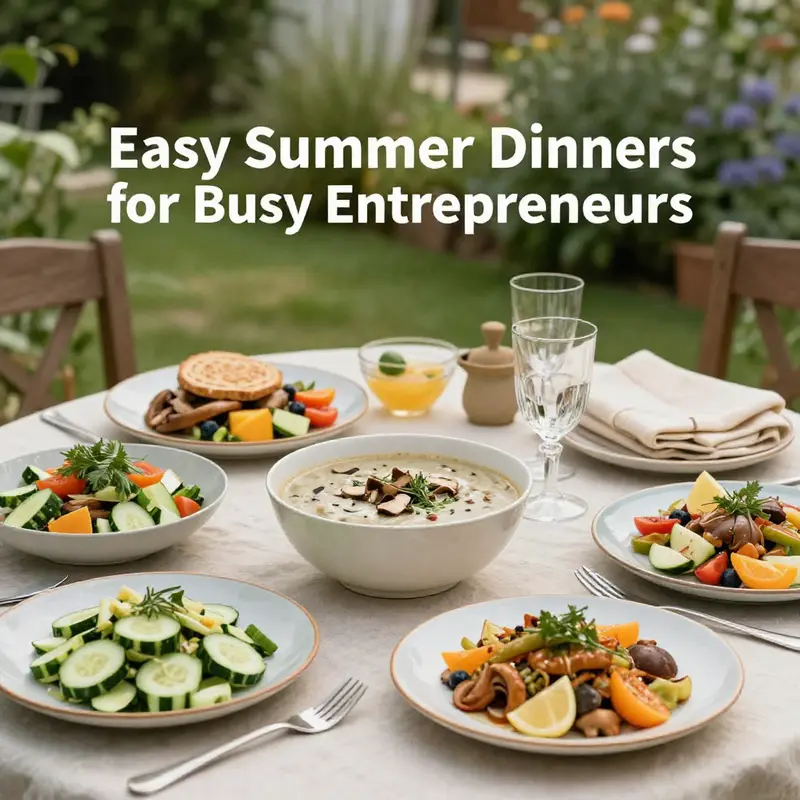 A summer garden dinner table set up with various fresh and colorful dishes ready to be enjoyed.