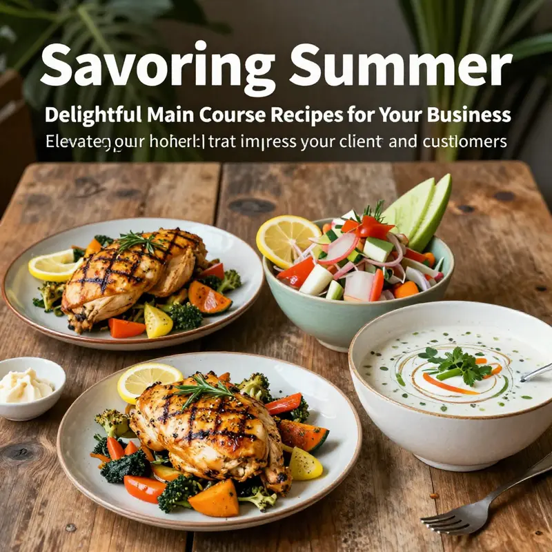 An array of summer main courses including grilled chicken, ceviche, and coconut soup, served on a rustic wooden table.