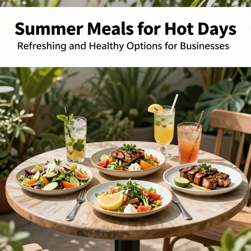 An outdoor table filled with fresh summer meals and drinks, symbolizing healthy eating in hot weather.
