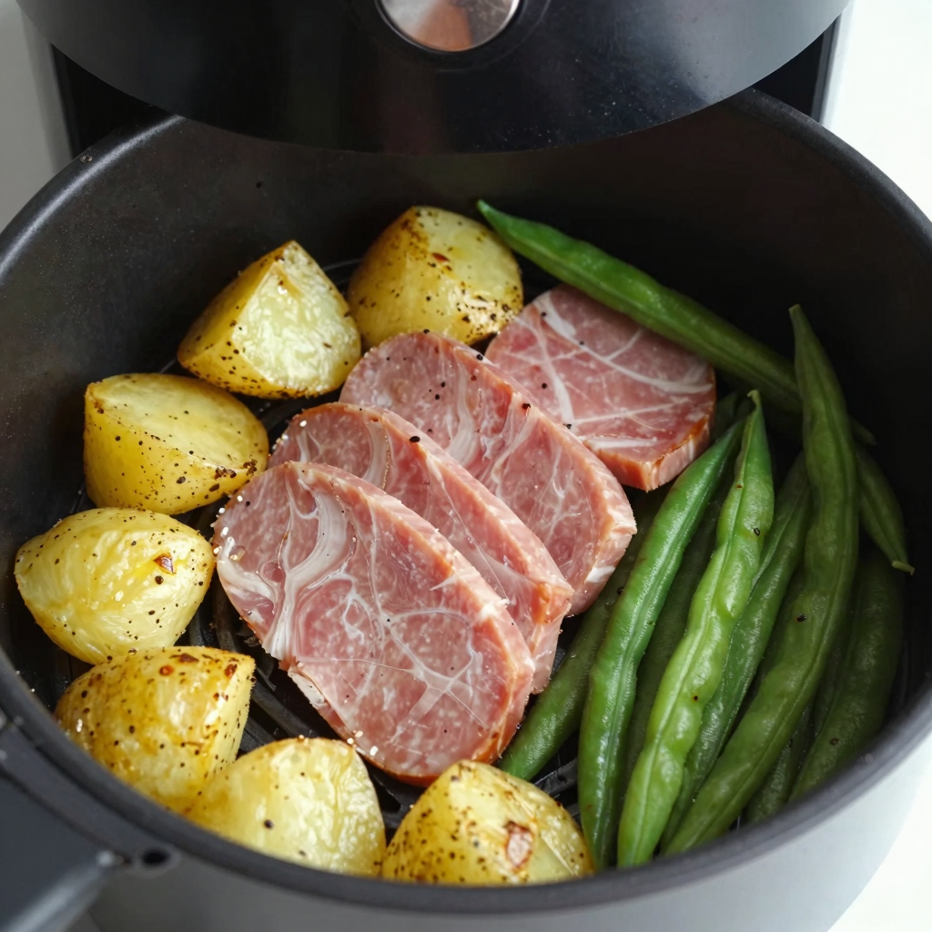 Air fryer ham steak with potatoes and green beans