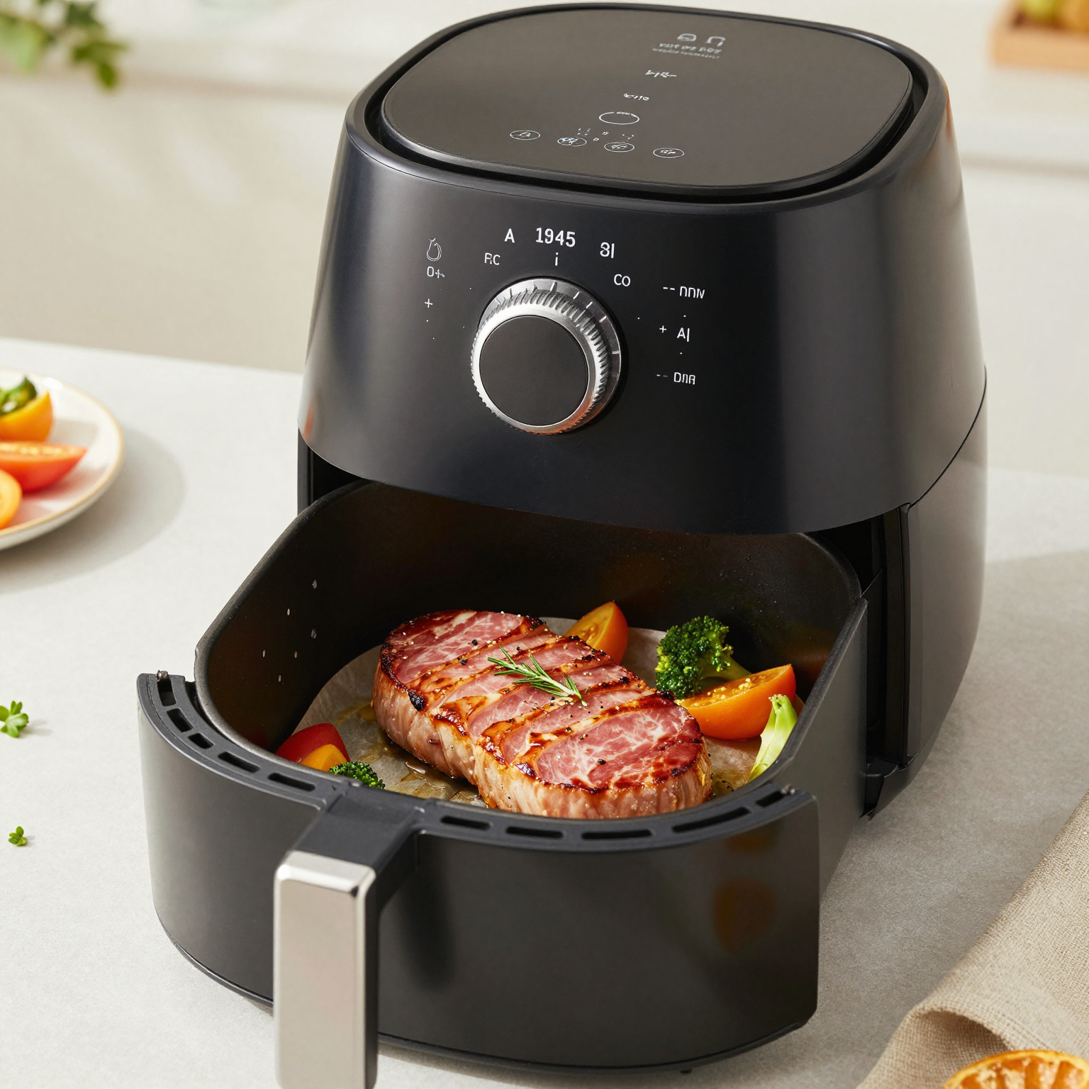 Air fryer ham steak dish served in a modern kitchen setting