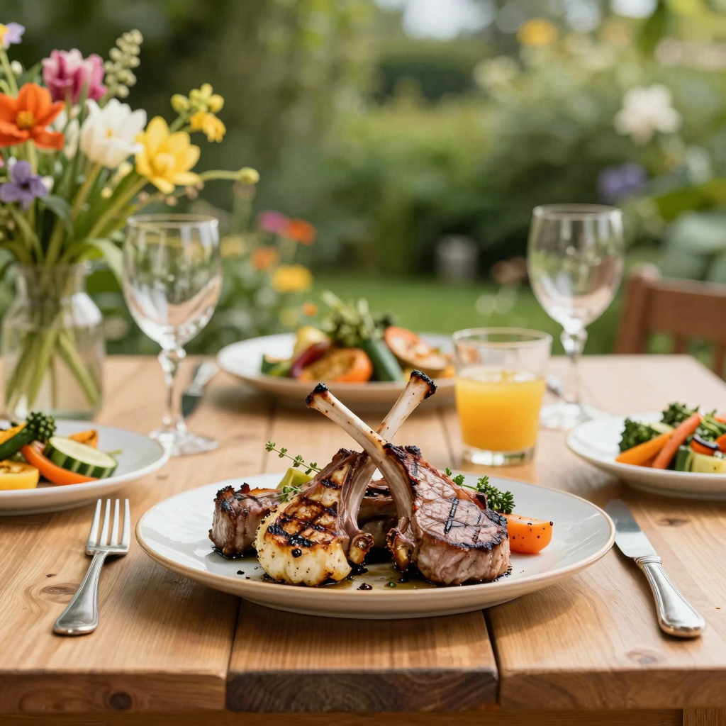 Inviting summer meal setup featuring grilled garlic lamb chops