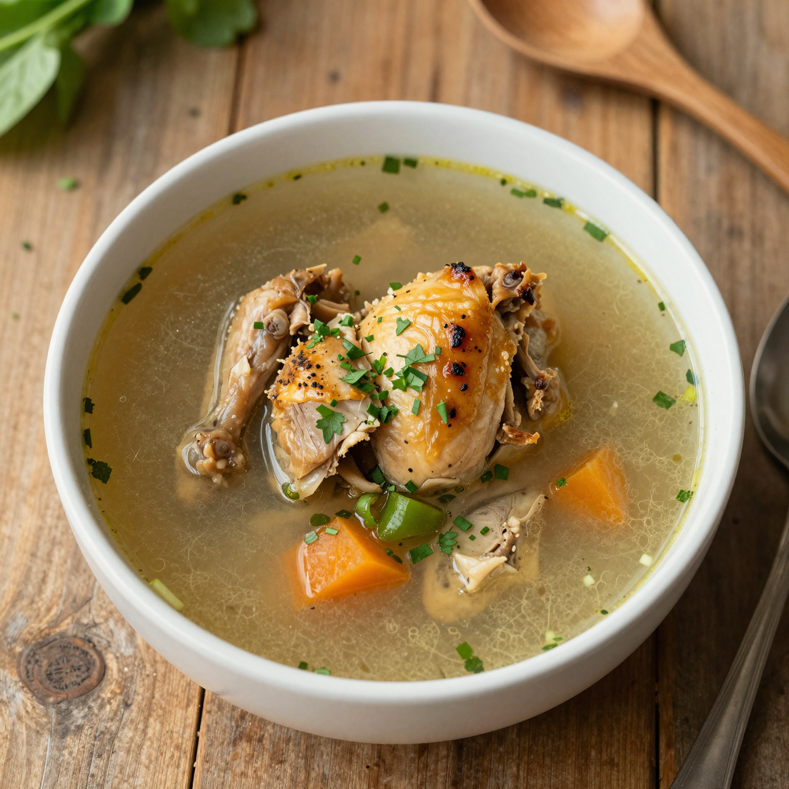 A delicious bowl of hearty soup made with leftover rotisserie chicken, garnished with fresh herbs and vegetables, set on a rustic wooden table