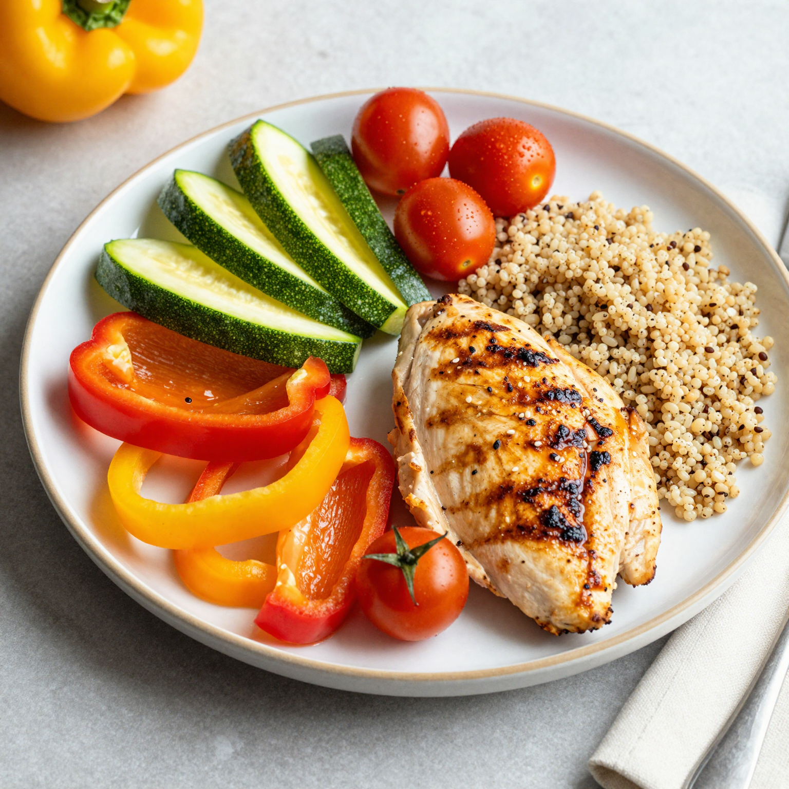 A vibrant summer dinner plate featuring a variety of colorful vegetables like bell peppers, zucchini, and cherry tomatoes, alongside grilled chicken breast and a serving of quinoa. The plate should look appetizing and fresh, embodying the essence of summer dining.
