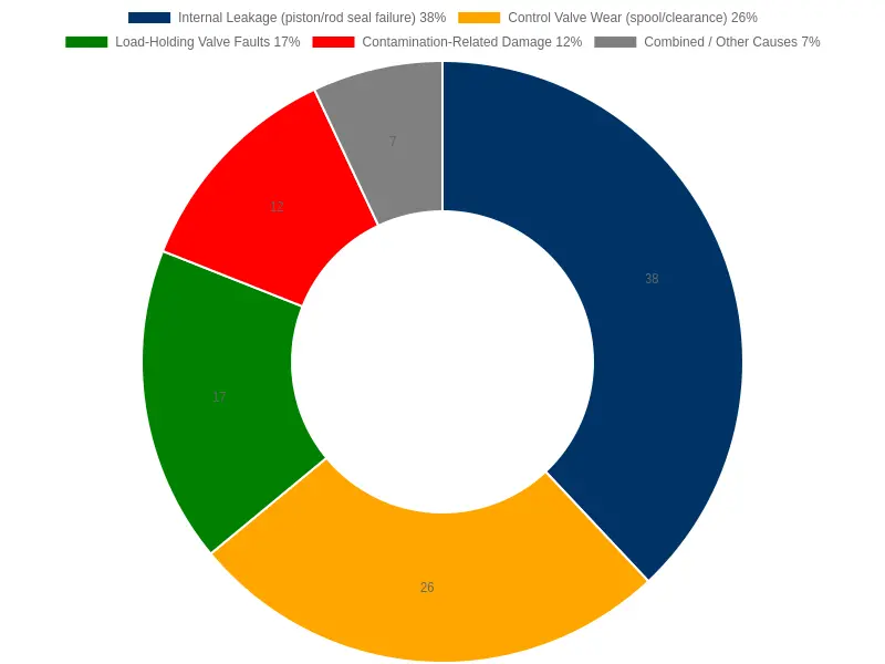 Excavator boom cylinder drift causes root-cause distribution doughnut chart