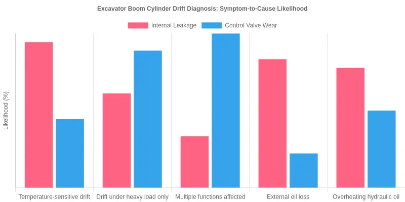 Grouped bar chart titled Excavator Boom Cylinder Drift Diagnosis: Symptom-to-Cause Likelihood, comparing Internal Leakage versus Control Valve Wear across five symptom categories with likelihood percentages.