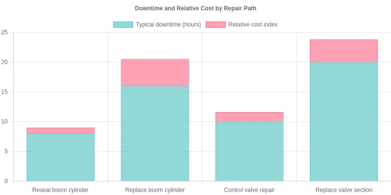 Downtime and relative cost by repair path for excavator hydraulic drift repairs