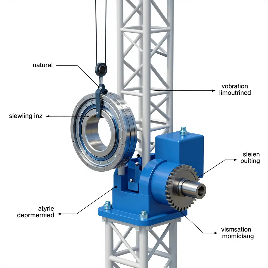 Cutaway diagram of a tower crane slewing assembly showing accelerometer placement on the slewing ring bearing, drive gearbox, and pinion