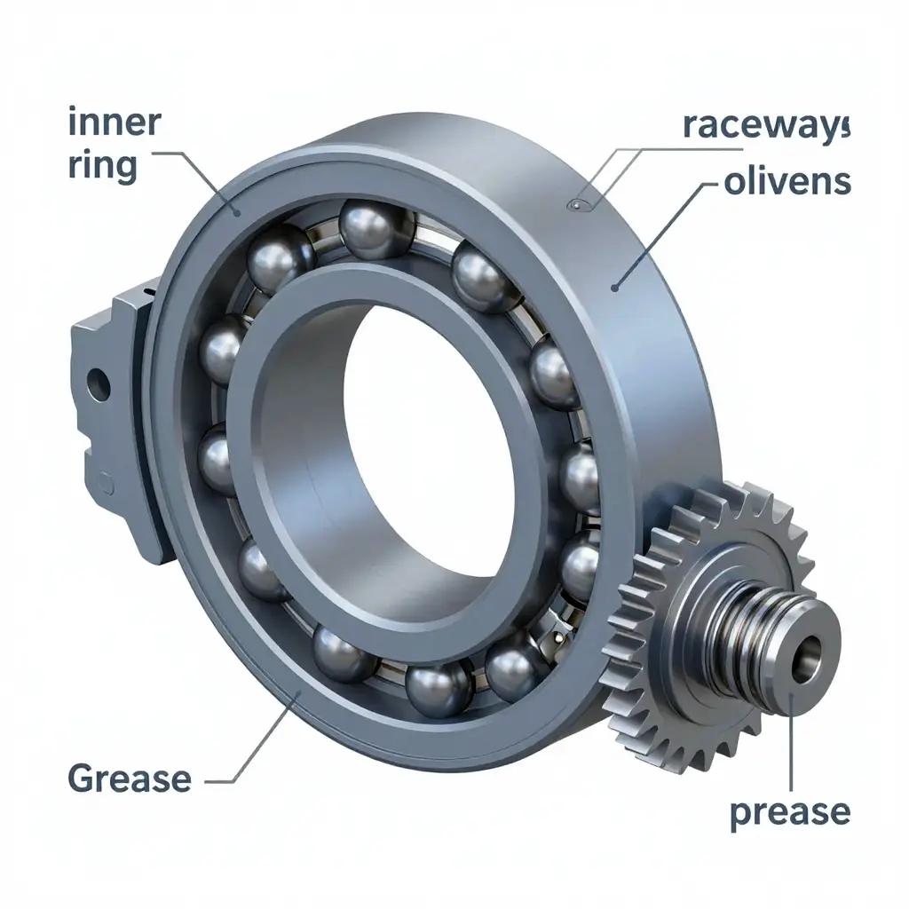 Cross-section diagram of a tower crane slewing ring bearing showing inner and outer rings, raceways, rolling elements, and gear teeth