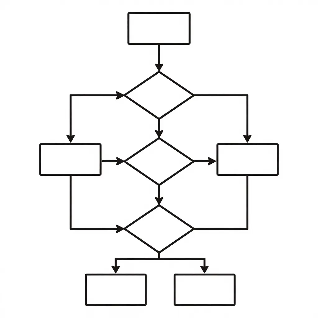 Minimal flat schematic decision flow diagram with connected boxes and diamond decision nodes linked by directional arrows, starting from a single box, branching through three decision diamonds, and ending at two outcome boxes