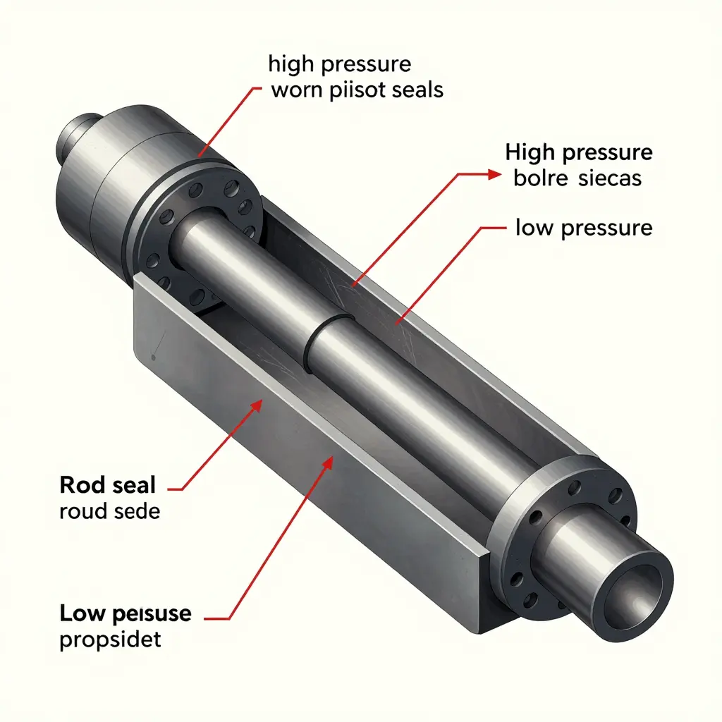 Cutaway diagram of a boom cylinder showing hydraulic fluid bypass past worn piston seals from the high-pressure bore side to the low-pressure rod side