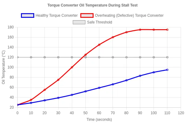 Line chart showing torque converter oil temperature rising over stall-test operating time, comparing a healthy converter that stays below the safe threshold with a defective converter that crosses the threshold quickly.