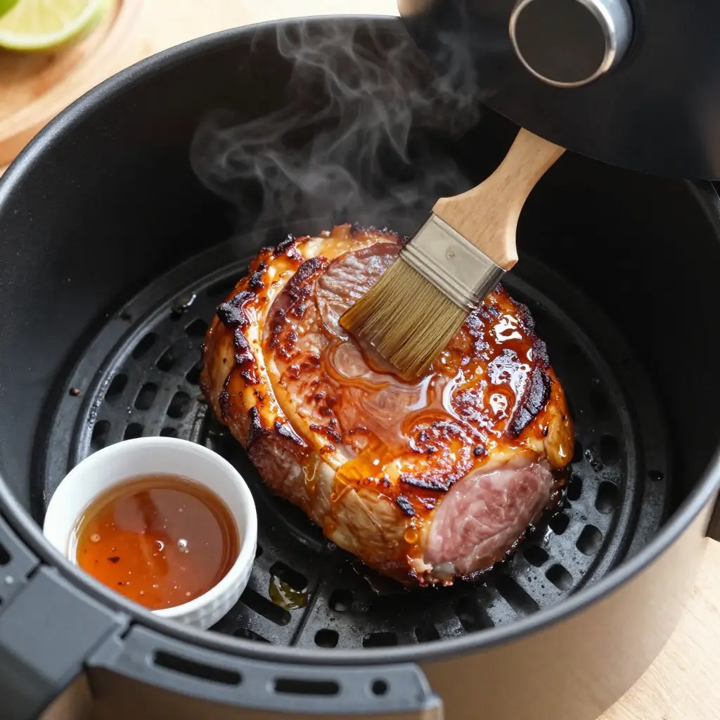 Air fryer ham steak in the basket being brushed with a glossy glaze