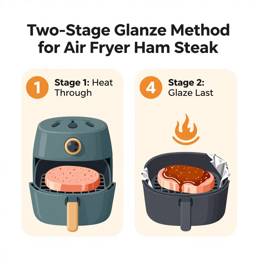 Step diagram showing the two-stage glaze method for an air fryer ham steak: heat through first, then glaze at the end.