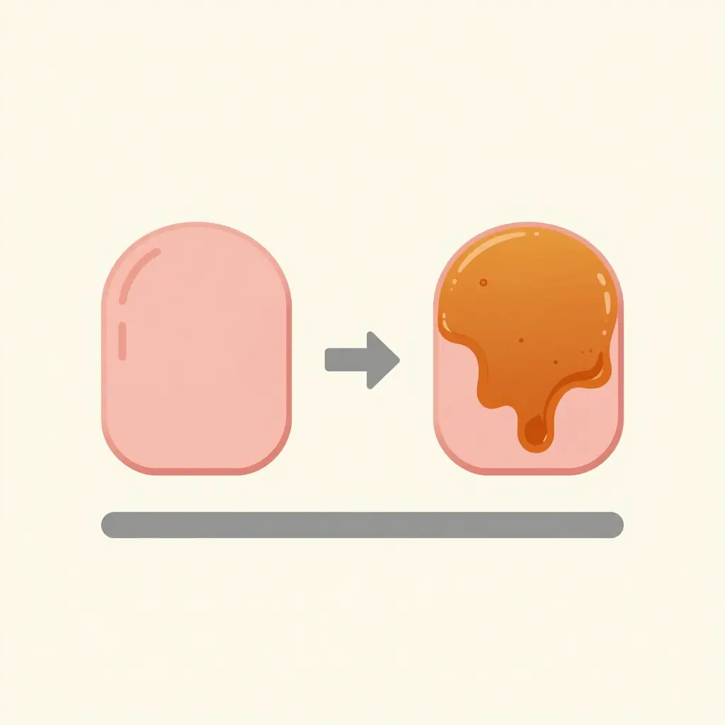 A simple 2D instructional diagram showing the two-stage glazing method: a plain ham steak gets cooked first, then an arrow leads to the same ham steak finished with a glossy amber glaze, with a short timeline bar beneath indicating the sequence.