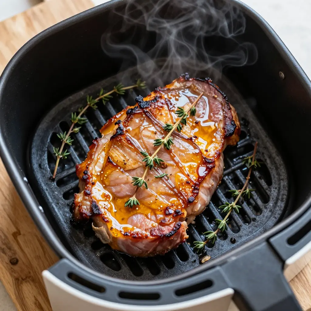 Air fryer ham steak with a glossy Dijon and honey glaze