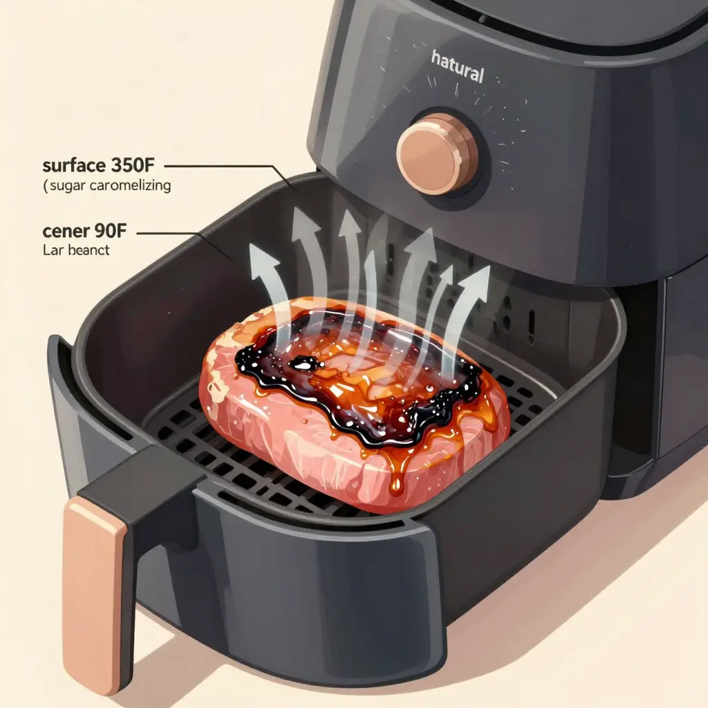Cross-section diagram of an air fryer ham steak showing hot convection air burning the glazed top while the center stays cold