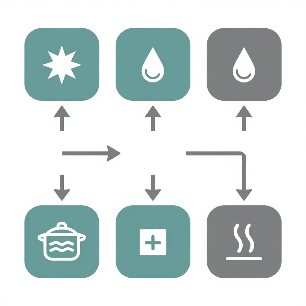 A simple flat 2D flow diagram showing five connected stages of the cooking process: sear, deglaze, simmer long, add lean cut late, and finish, using rounded squares and arrows in a two-color palette.