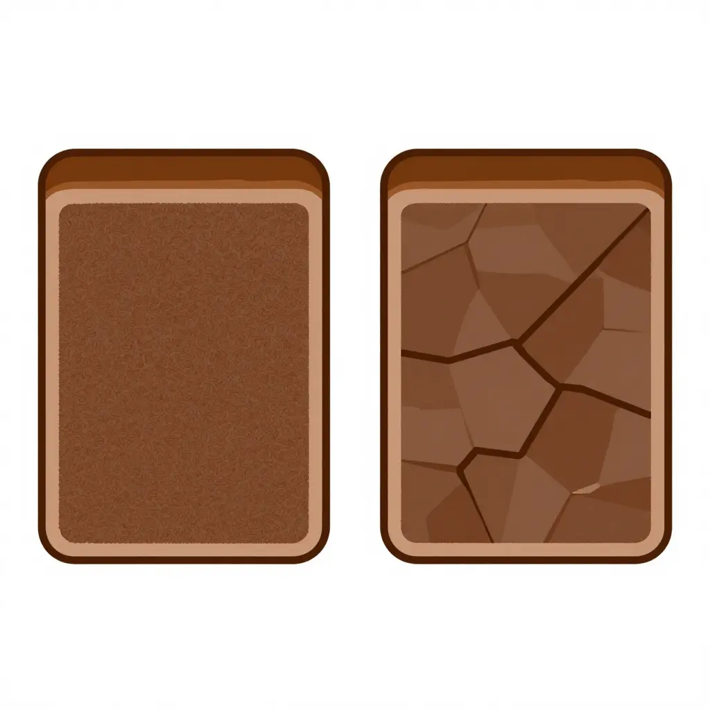 Flat 2D schematic diagram of two beef cube cross-sections side by side. Both cubes share an identical thin browned sear crust outline. The left cube has a dense, tightly packed interior, while the right cube has a loosened, broken-down, fragmented interior with visible gaps and separated chunks.