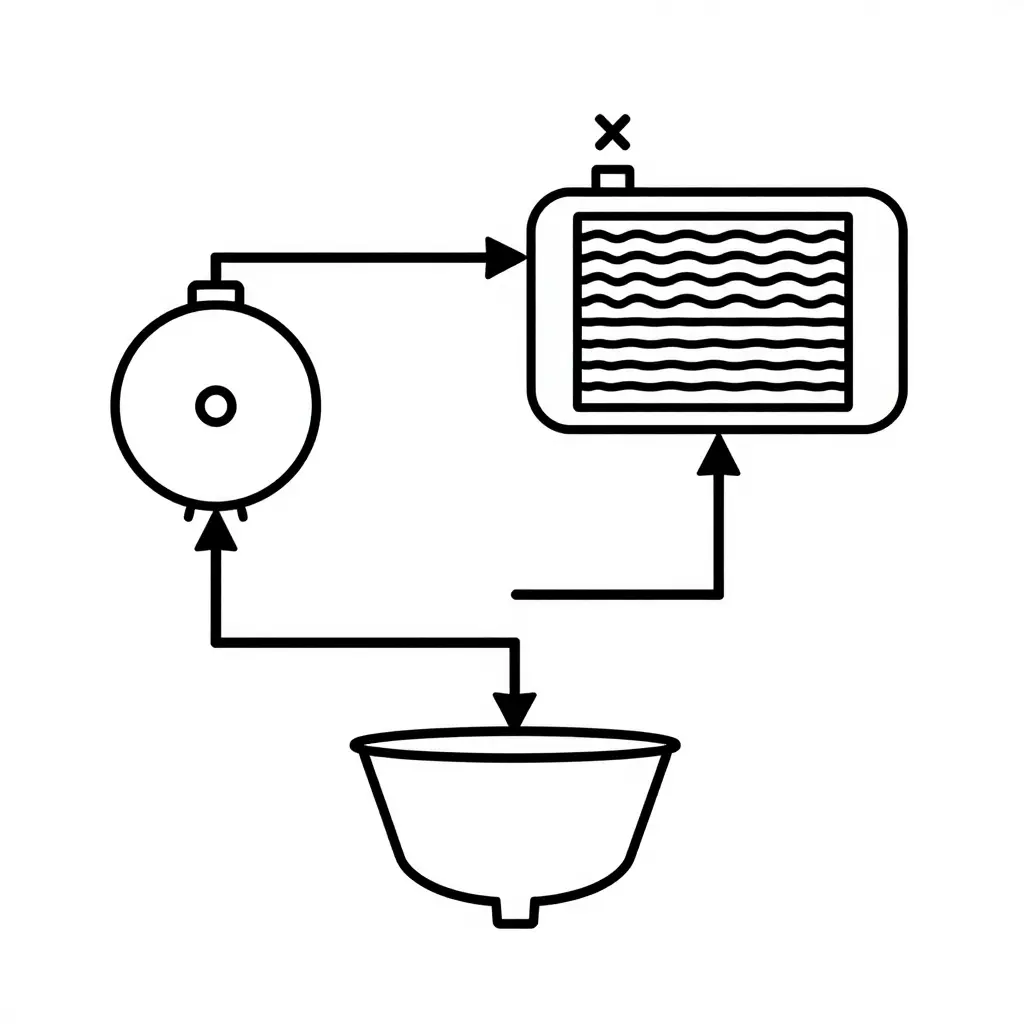 Minimalist 2D schematic of a wheel loader torque converter oil circuit, showing fluid flowing from the converter to the transmission oil cooler, down to the sump reservoir, and back to the converter, with a blockage marked at the cooler inlet
