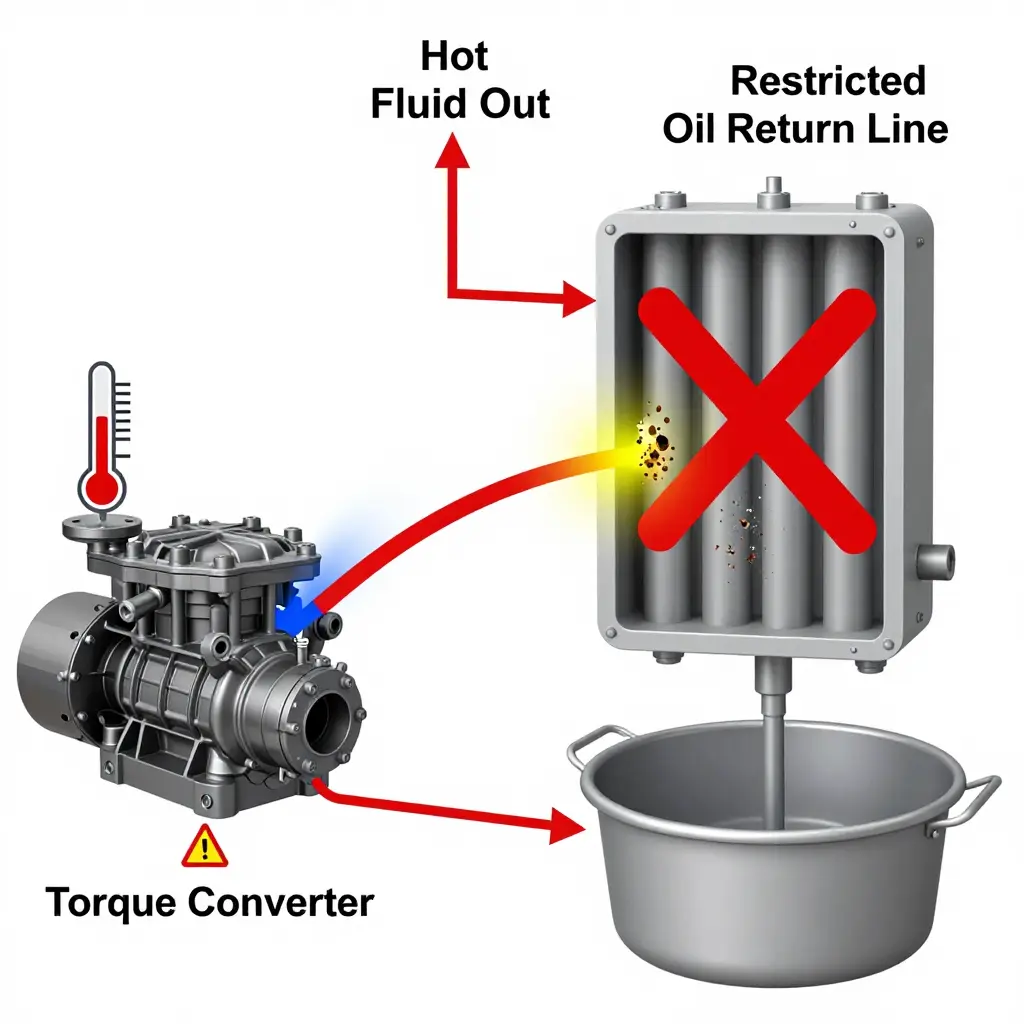 Diagram of a wheel loader transmission cooling circuit showing a clogged oil cooler, hot fluid flow, a restricted return line, and rising torque converter temperature